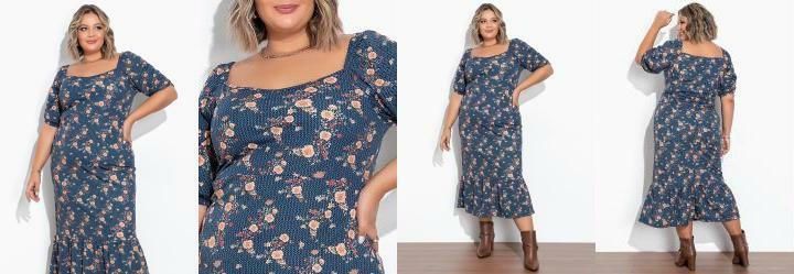 Vestido Geomtrico com Mangas Bufantes Plus Size