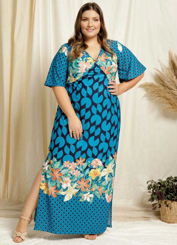 Vestido Longo (Floral Azul) com Fendas Plus Size