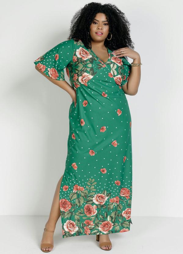 Vestido Longo (Floral Verde) com Fendas Plus Size