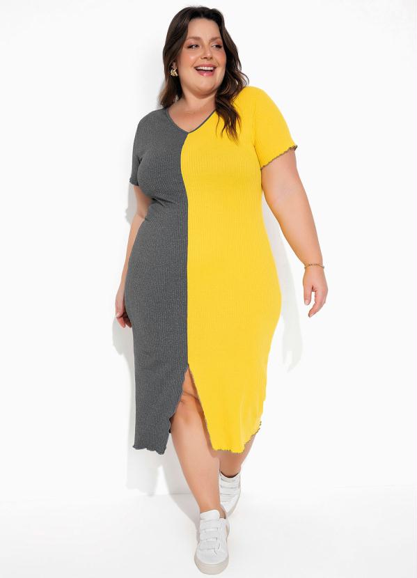 Vestido (Amarelo e Mescla) com Fenda Plus Size