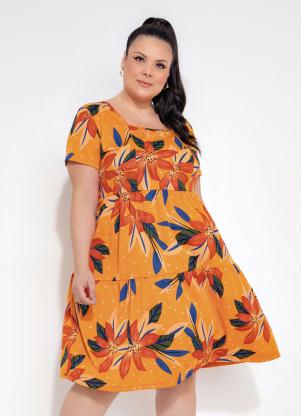 Vestido (Floral Laranja) com Babado Plus Size