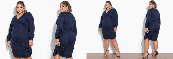 Vestido Marinho com Franzidos Laterais Plus Size