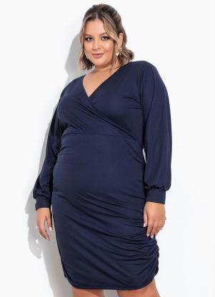 Vestido (Marinho) com Franzidos Laterais Plus Size