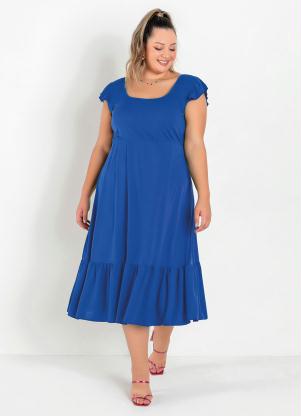 Vestido Midi (Azul) com Franzidos Plus Size